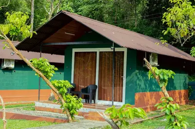 a green house with a table in front of it at The Nest Thattekad in Thattakād