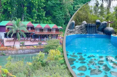 a mirror reflection of a pool in front of a resort at Mazhavilkadu ForestResort & Restaurant in Kozhikode