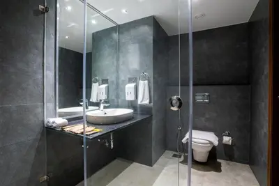 a bathroom with a shower and a sink and a toilet at Lilac Hotel Guruvayur in Guruvāyūr