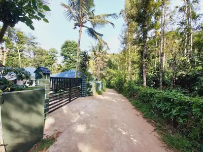 a dirt road with a fence and palm trees at Nature Greens Cottage in Madikeri