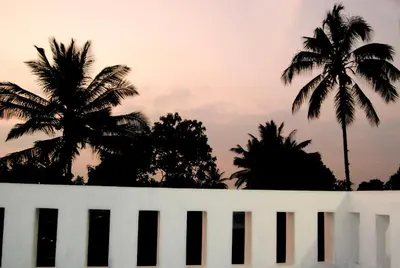 a white fence with palm trees in the background at Dreamnest Residency in Kalpetta