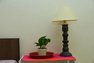a lamp and a potted plant on a table at RAATREE in Mysore