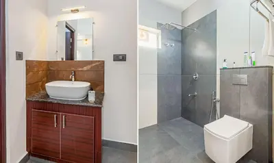 two images of a bathroom with a sink and a shower at Treebo Amigos Residency in Cochin