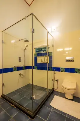 a shower stall in a bathroom with a toilet at amã Stays & Trails Raven's Nest , Kotagiri in Kotagiri