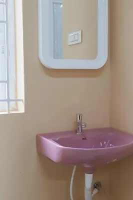 a pink sink in a bathroom with a mirror at Heath Cote in Ooty