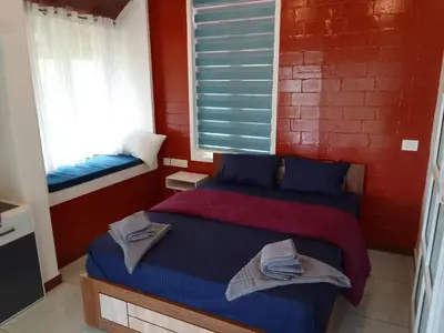 a bedroom with two beds with blue and red walls at Nostalgia Homestay in Vythiri