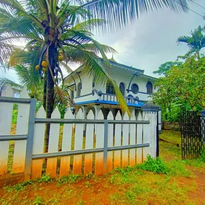 a white fence in front of a house with a palm tree at Kalpetta Peace Villa in Kalpetta