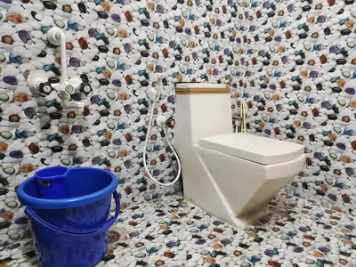 a bathroom with a toilet and a wall covered in tiles at Mannat Inn (Peace Homestay) in Mysore