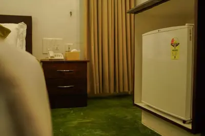 a room with a refrigerator and a dresser with green carpet at Bamboo Grove in Mānantoddy
