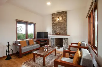 a living room with a couch and a fireplace at StayVista at Little Heaven with Breakfast in Ooty