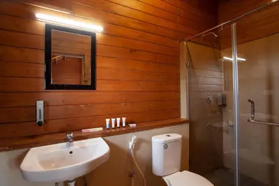a bathroom with a toilet and a sink and a shower at StayVista at Little Heaven with Breakfast in Ooty