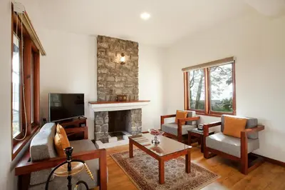 a living room with a fireplace and a tv at StayVista at Little Heaven with Breakfast in Ooty