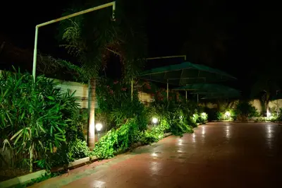a night view of a street with plants and lights at Nijaguna Resorts in Chāmrājnagar