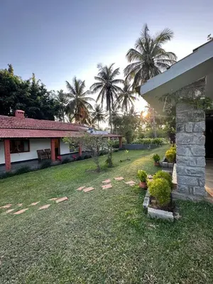 a yard of a house with palm trees and a building at Captain's Cabin in Masinagudi