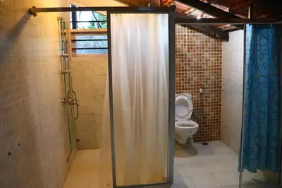 a bathroom with a shower and a toilet at Coorg Northbreeze Wooden Stay in Madikeri