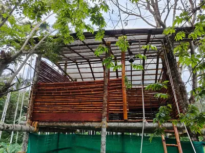a large wooden structure with trees in the foreground at Agasthya Private Pool & Park villa in Sultan Bathery