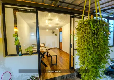 a room with a table and a large green plant at Munnar Majestic Resort with Pool in Munnar