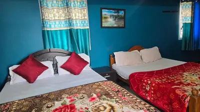 two beds in a room with blue walls and red pillows at Golden View Cottage Ooty in Ooty
