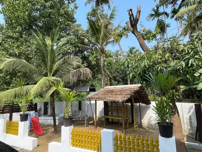 a garden with palm trees and a building with a roof at Furnished 2 BHK Family Apartments near Triprayar Shree Rama Temple - Beevees Homes Thriprayar in Thanniyam