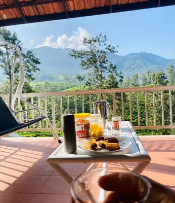 a tray of food sitting on a table on a porch at THALIMALA BUNGALOW in Vythiri
