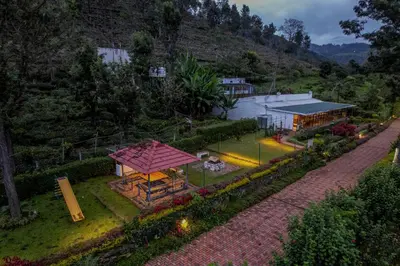 an overhead view of a house with a pavilion at Shola Gardens , Kotagiri in Kotagiri