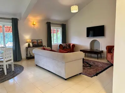 a living room with a couch and a tv at Hoopoe House, Ooty in Ooty