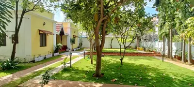 a courtyard of a house with trees and grass at xplorest in Mysore