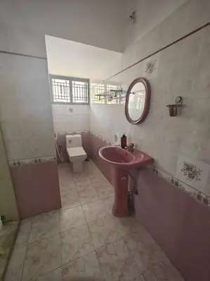 a bathroom with a pink sink and a toilet at Waterfall Villa - 4BHK in Mysore