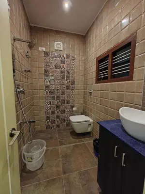 a bathroom with a toilet and a sink and a shower at Beautiful 4bhk Duplex Villa in Mysore