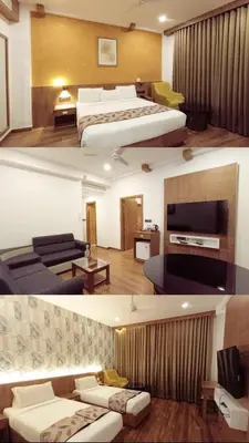 two pictures of a hotel room with two beds at SKY PENTA RESIDENCY in Iritti