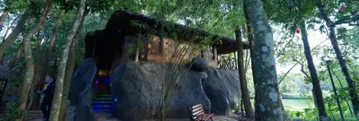 a building sitting on top of a rock in a forest at Mystery Maze Resort and Spa in Wayanad