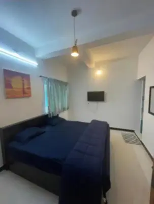 a bedroom with a blue bed and a tv at White House Kotagiri, 2bhk in Kotagiri