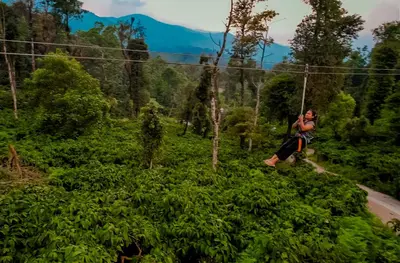 a woman on a zip line in the forest at The Odyssey Coorg in Madikeri
