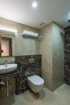 a bathroom with a toilet and a sink at Hotel Vilvah in Coimbatore