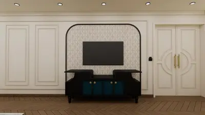 a black dresser in a room with a mirror at Yuvraj Le: Royale in Mysore