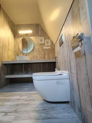 a bathroom with a white toilet and a sink at Inika in Ponnampet