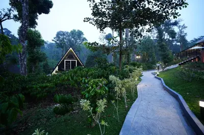 a path in a garden with a house in the background at Inika in Ponnampet