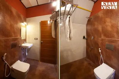 two pictures of a bathroom with a toilet and a sink at Golden Apex by VEO - Part of StayVista in Hampāpura