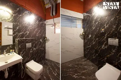 two pictures of a bathroom with a sink and a toilet at Golden Apex by VEO - Part of StayVista in Hampāpura