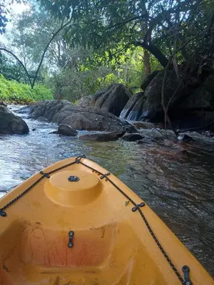 a yellow boat in the middle of a river at Nature Spot Cottages Coorg in Kurchi