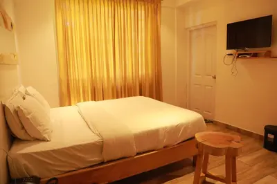 a bedroom with a bed and a television and a stool at The Woodlands Residency- Unmarried and stag groups not allowed in Ooty