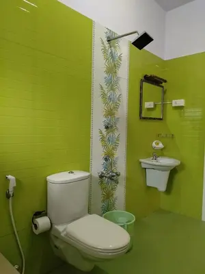 a green bathroom with a toilet and a sink at COZY Homes in Nedumbassery