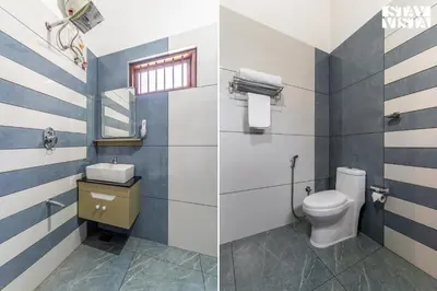 two pictures of a bathroom with a toilet and a sink at StayVista at Lagoons Villa with Lawn, Pool, WiFi in Kozhikode