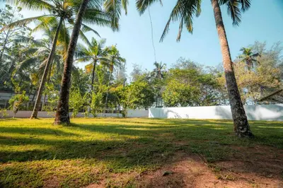a park with palm trees and a white wall at Cabana by Grha - Charming Cottage at Kappad Beach in Kozhikode