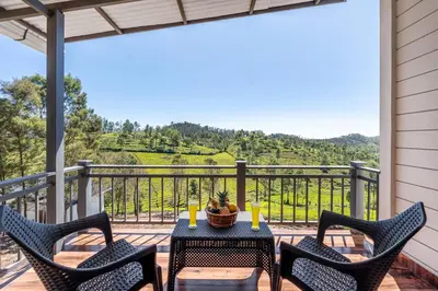 a patio with a table and chairs on a balcony at Wattle Grove Resort in Kotagiri