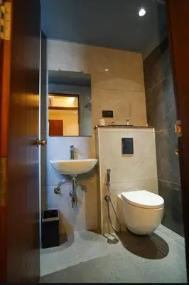 a bathroom with a toilet and a sink at Hotel Harigovindas Express Mysore in Mysore