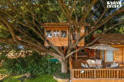 a tree house with chairs and an umbrella at StayVista at Exotica Kabini - All Meals Included - Riverfront Villa in Antarasante