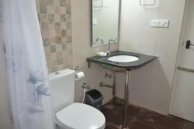 a bathroom with a toilet and a sink at Ibbanicadu Estate Homestay in Madikeri
