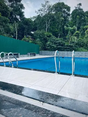 a swimming pool with two metal rails next to it at Rivera Holiday Home in Vythiri