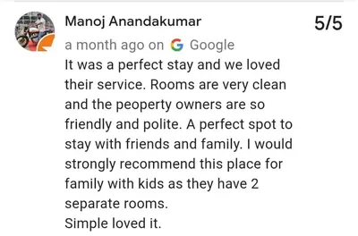 a screenshot of a text message about a mom and daughter at Coastal Den Homestay in Pallipuram
